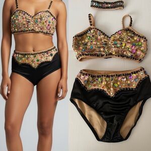 Glamour gold black solo 2 piece embellished Dance Costume Leotard XLC child